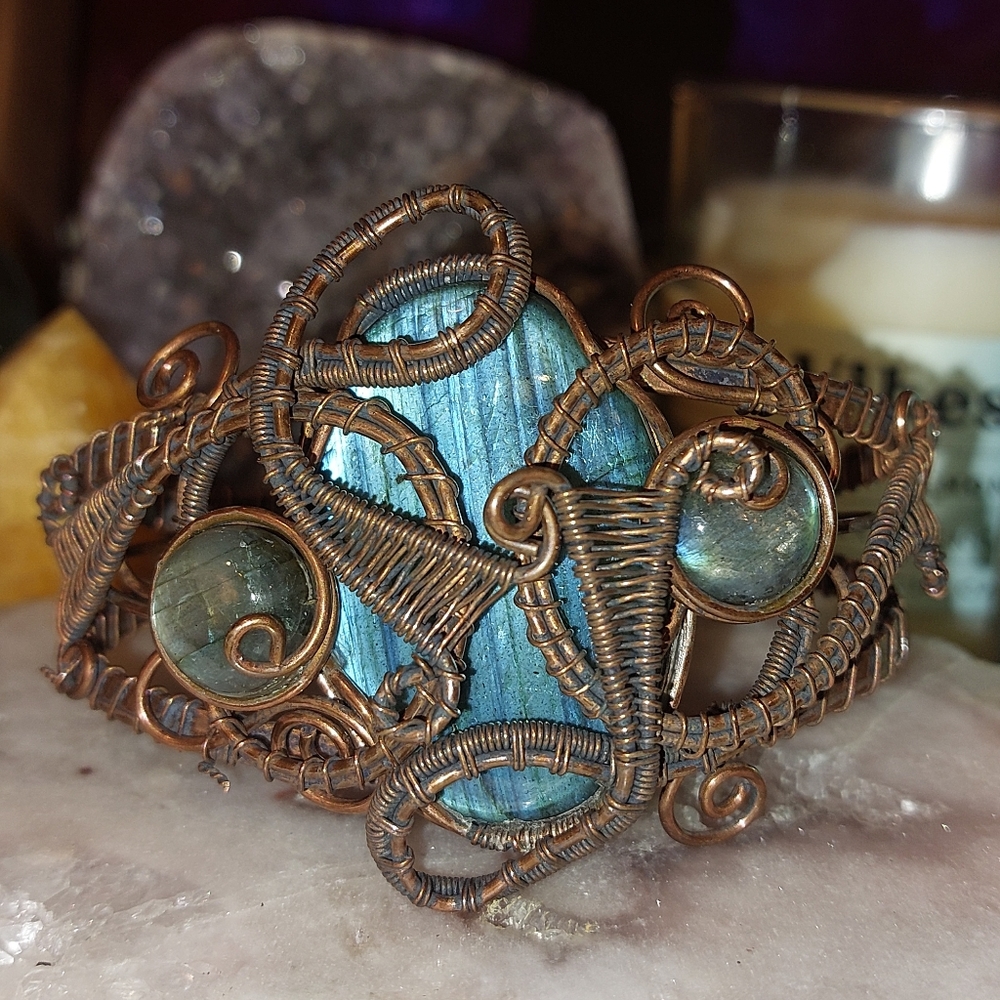 Gigantic Flash Labradorite Copper Wire Wrapped Bracelet